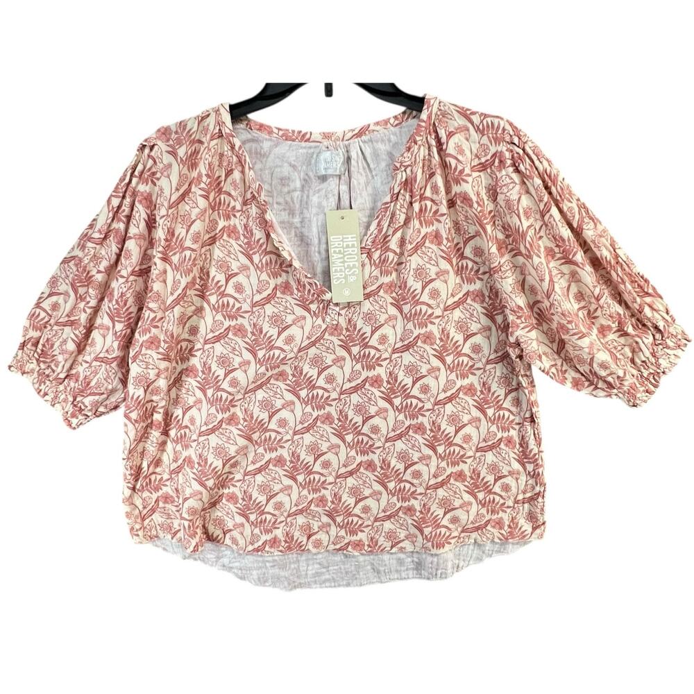 Heroes & Dreamers Top Blouse Womens‎ M Red Floral Gauzy Cotton Beach Boho Breezy